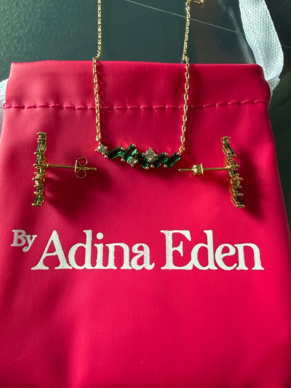 Adina Eden Gold-Tone Necklace and Bar Studs with Emerald Green Stones